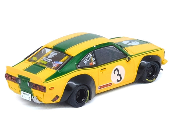 Mazda RX-3 Liberty Walk RHD (Right Hand Drive) #3 "Savanna" Yellow with Green Stripes 1/64 Diecast Model Car by Inno Models