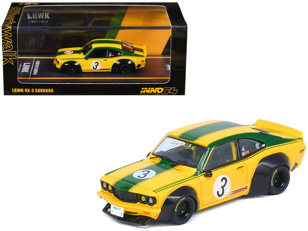 Mazda RX-3 Liberty Walk RHD (Right Hand Drive) #3 "Savanna" Yellow with Green Stripes 1/64 Diecast Model Car by Inno Models