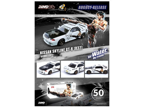 Nissan Skyline GT-R (R32) RHD (Right Hand Drive) White with Black Hood "Bruce Lee Legacy 50 Year Anniversary" 1/64 Diecast Model Car by Inno Models