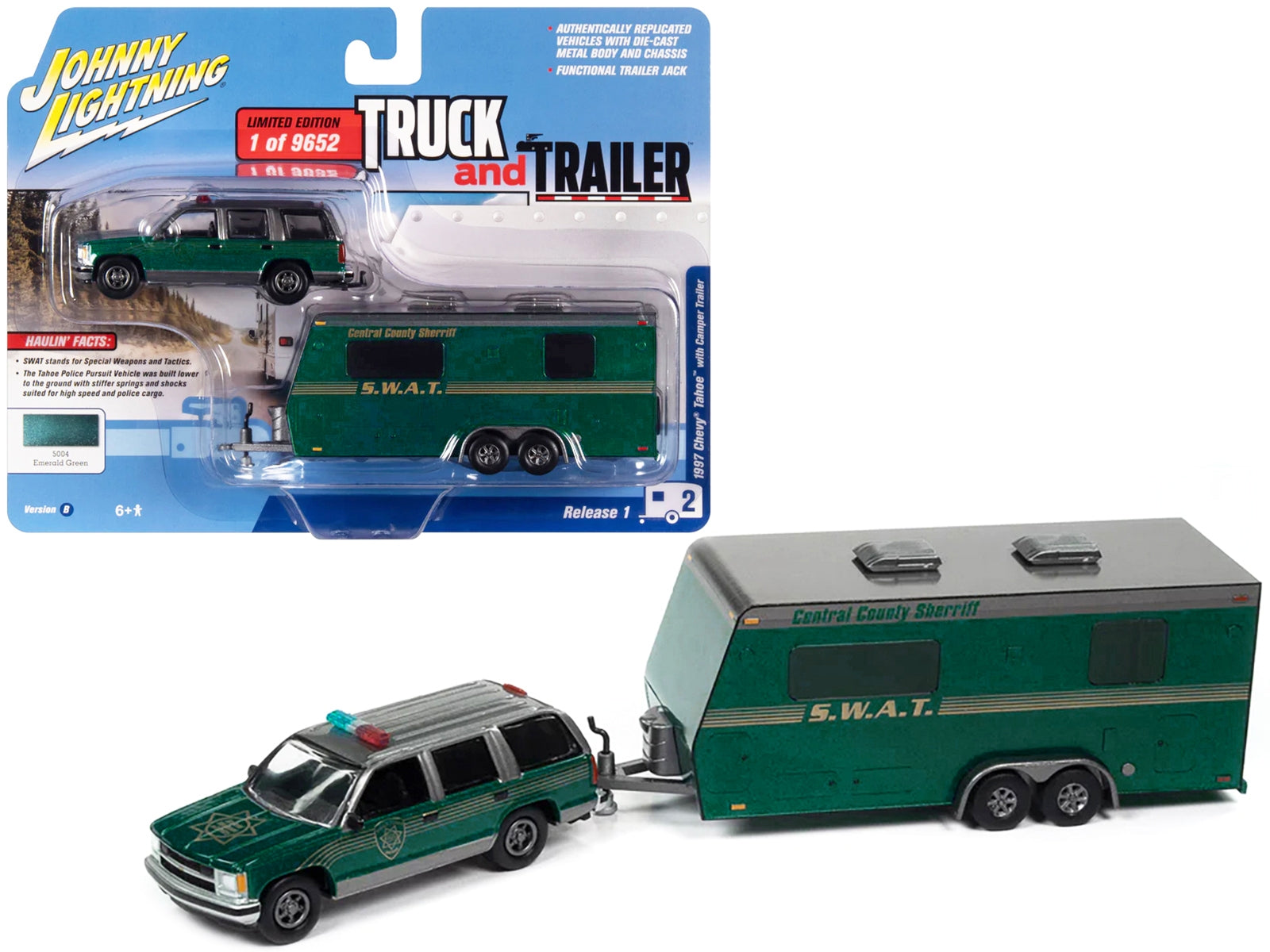 1997 Chevrolet Tahoe "Central County Sheriff" Emerald Green and Gray with "SWAT" Camper Trailer Limited Edition to 9652 pieces Worldwide "Truck and Trailer" Series 1/64 Diecast Model Car by Johnny Lightning