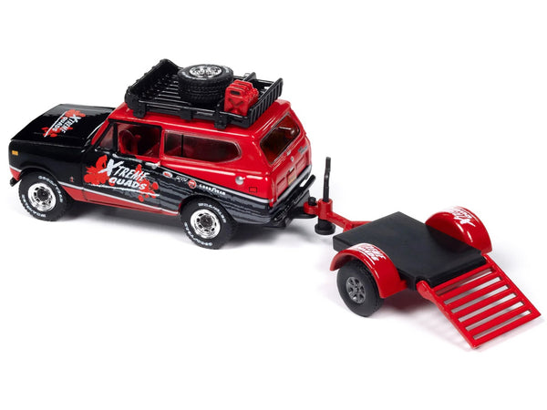 1979 International Scout II Red and Black "Xtreme Quads" with Open Utility Trailer "Tow & Go" Series 1/64 Diecast Model Car by Johnny Lightning