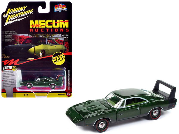 1969 Dodge Charger Daytona Dark Green Metallic with Green Interior "Mecum Auctions" Pop Culture 2024 Release 1 1/64 Diecast Model Car by Johnny Lightning