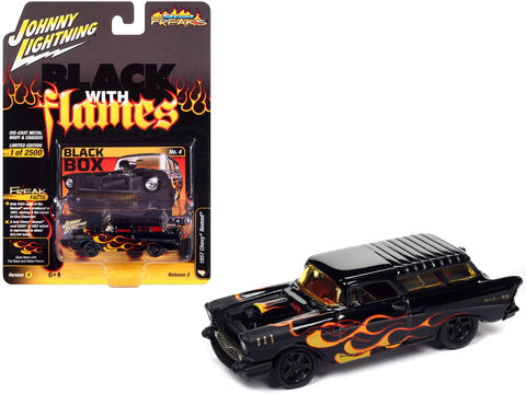 1957 Chevrolet Nomad "Black Box" Black with Red and Yellow Flames "Black with Flames" Limited Edition to 2500 pieces Worldwide "Street Freaks" Series 1/64 Diecast Model Car by Johnny Lightning