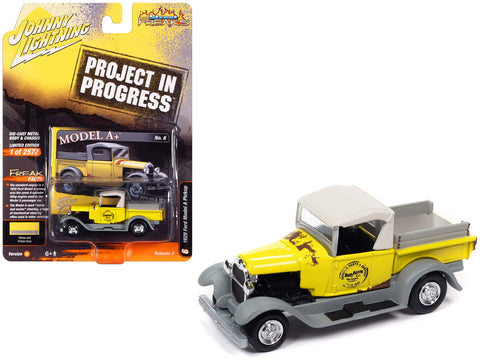 1929 Ford Model A Pickup Truck "Model A+" Yellow and Primer Gray "Project in Progress" Limited Edition to 2572 pieces Worldwide "Street Freaks" Series 1/64 Diecast Model Car by Johnny Lightning