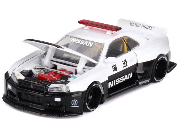 Nissan Skyline GT-R (R34) "Kaido Works (V2 Aero)" RHD (Right Hand Drive) Black and White "Japan Police" (Designed by Jun Imai) "Kaido House" Special 1/64 Diecast Model Car by Mini GT