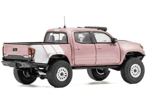 2022 Toyota Tacoma TRD PRO Pickup Truck Pink Metallic with White Stripes and Carbon Hood 1/64 Diecast Model Car by GCD