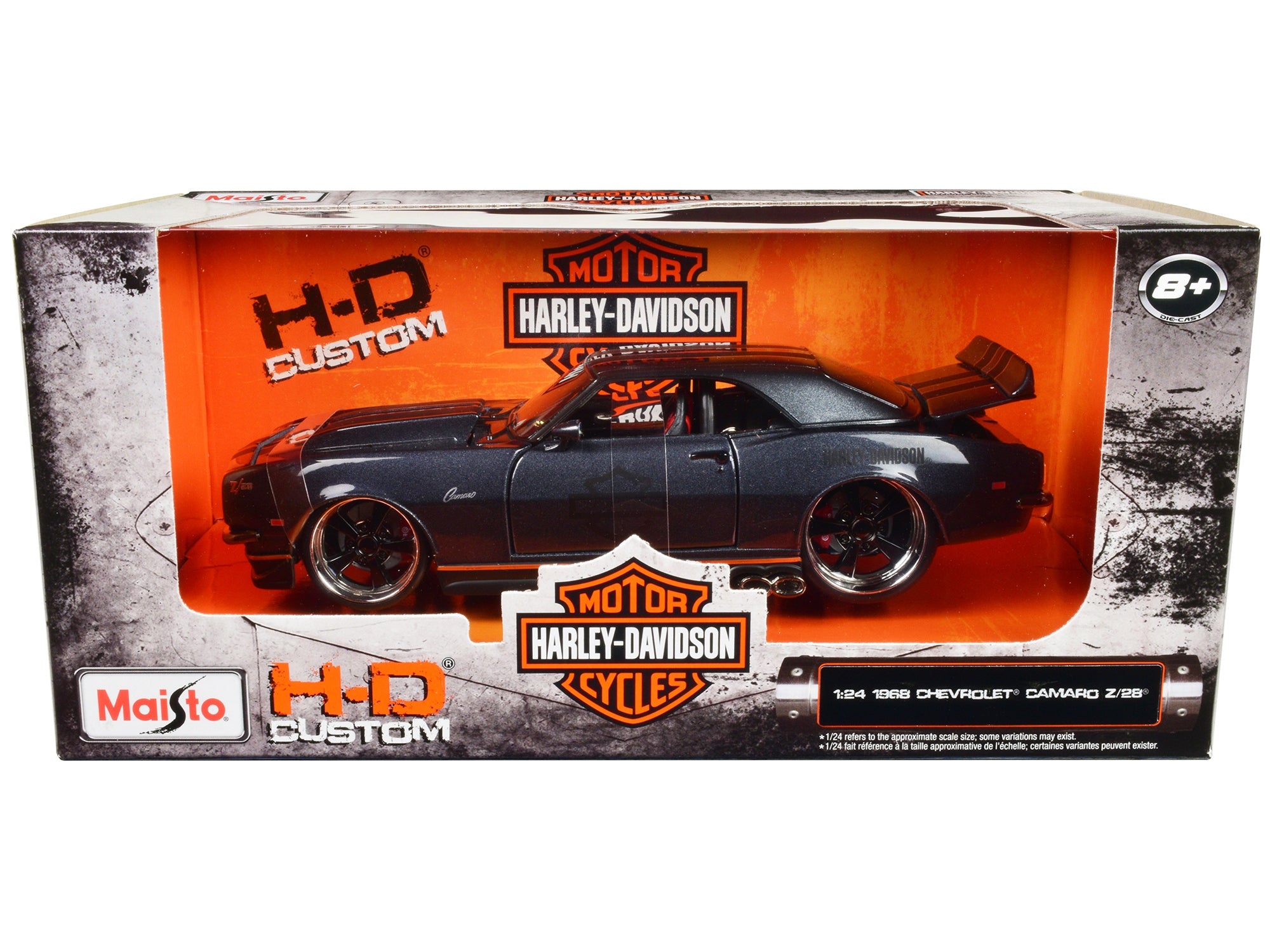 1968 Chevrolet Camaro Z/28 Dark Gray Metallic with Black and Orange Stripes "Harley Davidson" "H-D Custom" 1/24 Diecast Model Car by Maisto