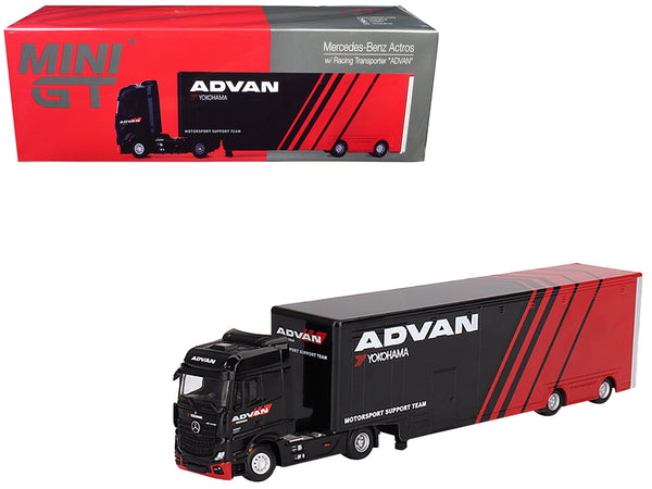 Mercedes-Benz Actros with Racing Transporter Red and Black "ADVAN" 1/64 Diecast Model Car by Mini GT