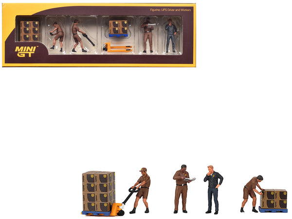 "UPS Driver and Workers" 7 Piece Figure Set for 1/64 Scale Models by Mini GT