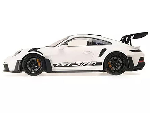 2023 Porsche 911 (992) GT3 RS White with Carbon Top and Hood Stripes Limited Edition to 300 pieces Worldwide 1/18 Diecast Model Car by Minichamps