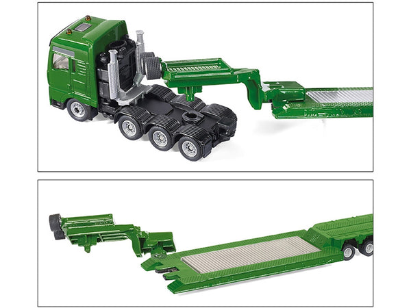 Heavy Haulage Transporter Green and Liebherr Cable Excavator Red with Wrecking Ball and Signs 1/87 (HO) Diecast Models by Siku