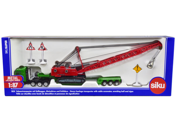 Heavy Haulage Transporter Green and Liebherr Cable Excavator Red with Wrecking Ball and Signs 1/87 (HO) Diecast Models by Siku
