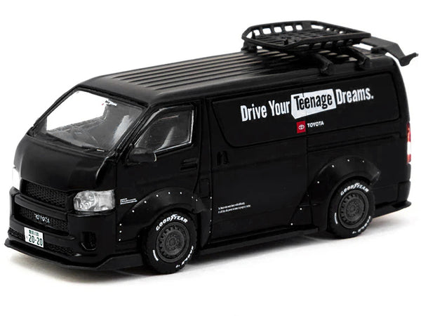 Toyota Hiace Widebody Van RHD (Right Hand Drive) Matt Black with Roof Rack "Drive Your Teenage Dreams" "Hobby64" Series 1/64 Diecast Model Car by Tarmac Works