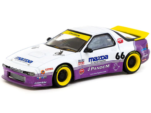 Mazda RX-7 FC3S Pandem RHD (Right Hand Drive) #66 White and Purple with Graphics "Hobby64" Series 1/64 Diecast Model Car by Tarmac Works