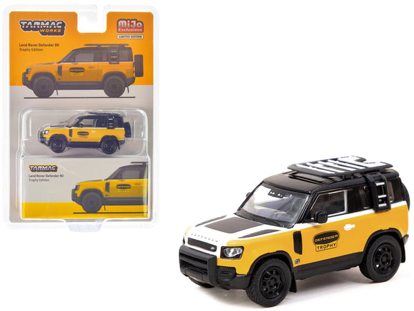 Land Rover Defender 90 "Trophy Edition" Yellow and White with Black Top and Roof Rack "Global64" Series 1/64 Diecast Model by Tarmac Works