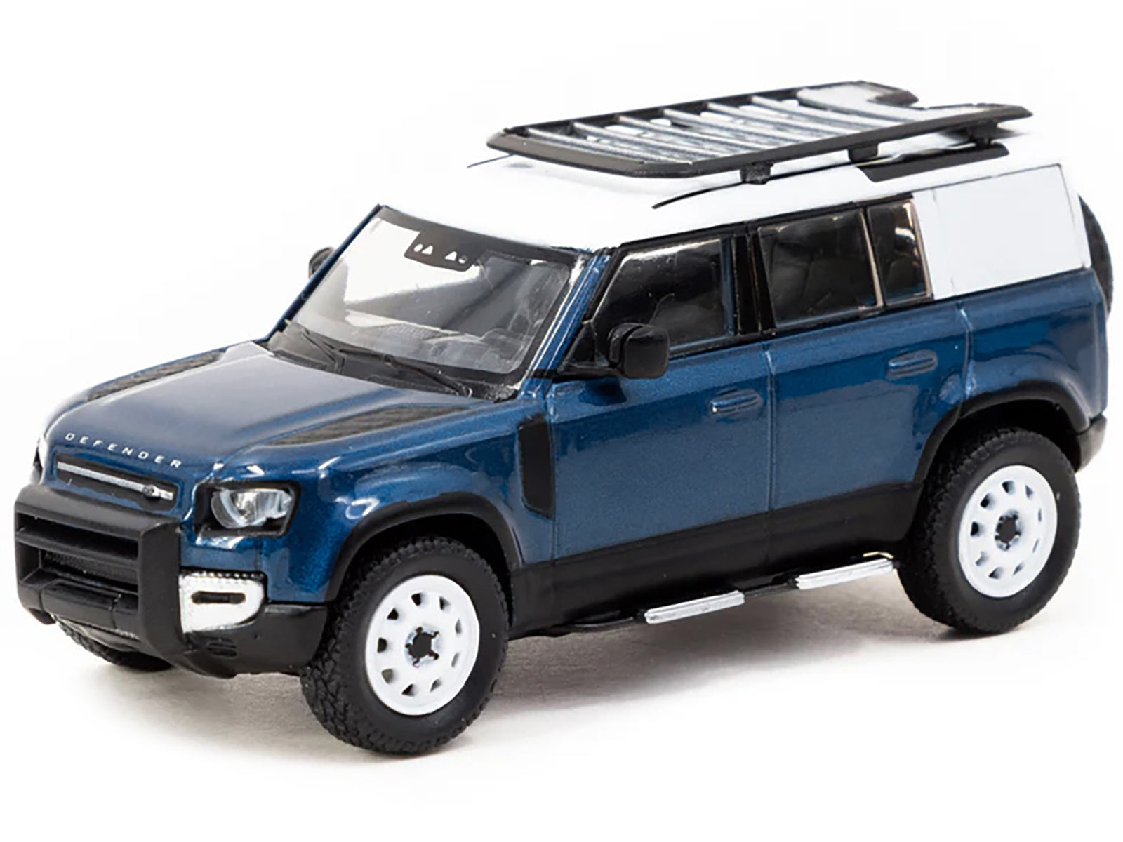 Land Rover Defender 110 Blue Metallic with White Top and Roof Rack "Global64" Series 1/64 Diecast Model by Tarmac Works