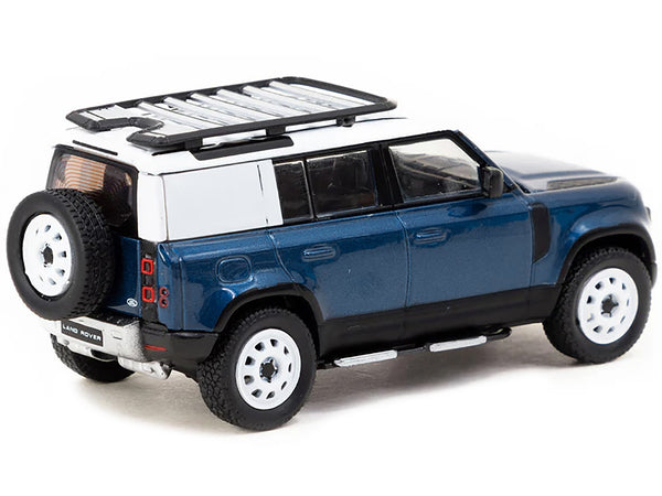 Land Rover Defender 110 Blue Metallic with White Top and Roof Rack "Global64" Series 1/64 Diecast Model by Tarmac Works