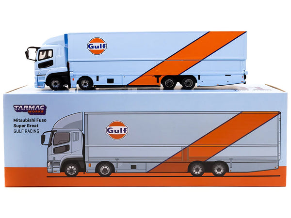 Mitsubishi Fuso Truck with Transporter Light Blue with Orange Stripes "Gulf Oil" "Truck64" Series 1/64 Diecast Model by Tarmac Works