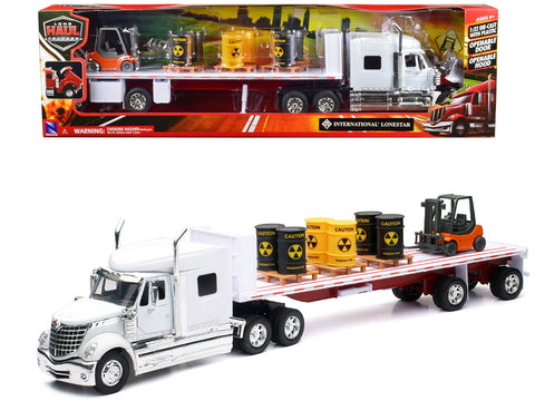 International Lonestar Flatbed Truck White with 6 Toxic Barrels 3 Pallets and Forklift "Long Haul Trucker" Series 1/32 Diecast Model by New Ray