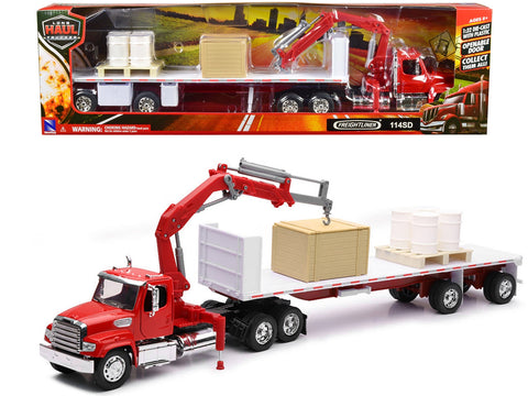 Freightliner 114SD Flatbed Truck with Crane Red with Accessories "Long Haul Trucker" Series 1/32 Diecast Model by New Ray