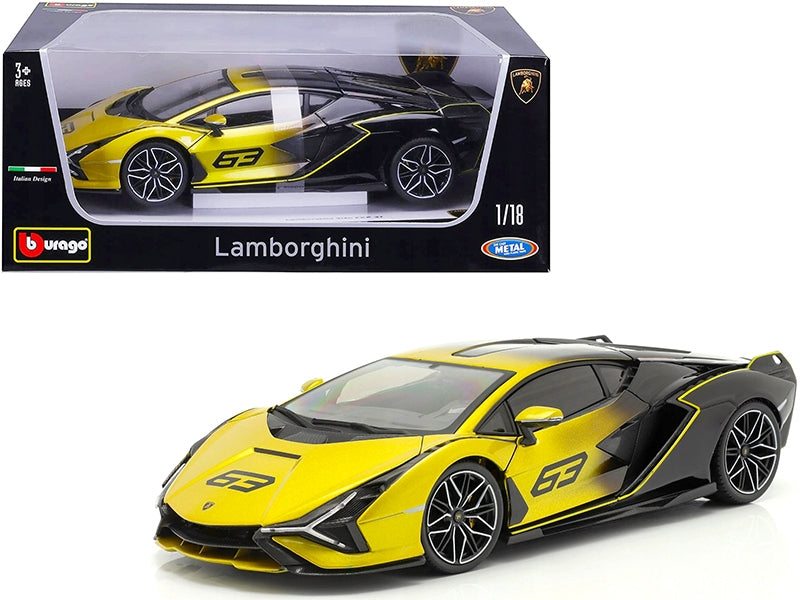 Lamborghini Sian FKP 37 #63 Yellow Metallic and Black 1/18 Diecast Model Car by Bburago