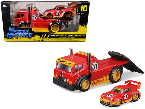 JDM Flatbed Truck #17 Red "RAUH-Welt BEGRIFF" and Porsche RWB 911 993 #17 Red "Muscle Transports" Series 1/64 Diecast Model Cars by Muscle Machines
