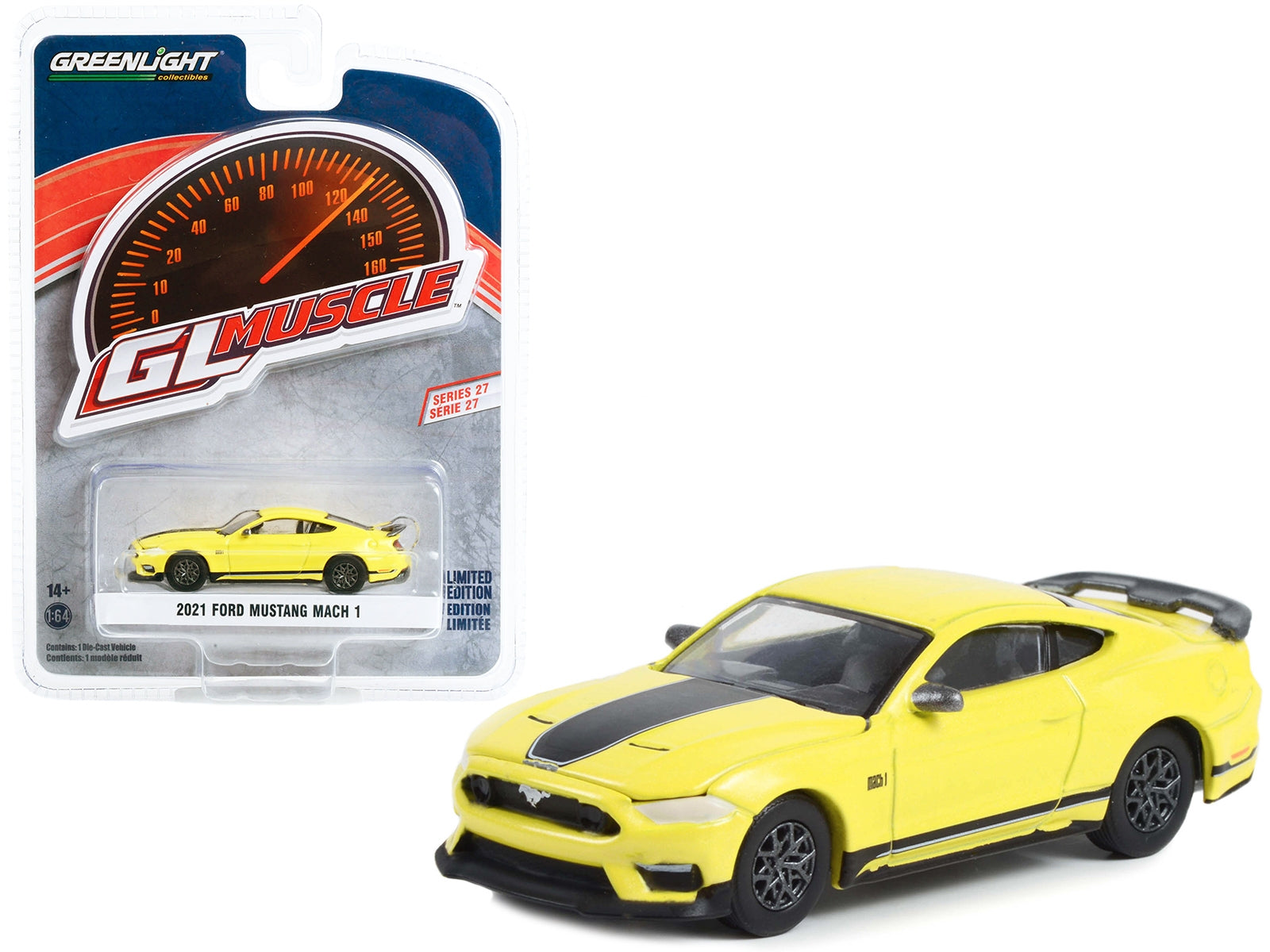 2021 Ford Mustang Mach 1 Grabber Yellow with Black Stripes "Greenlight Muscle" Series 27 1/64 Diecast Model Car by Greenlight