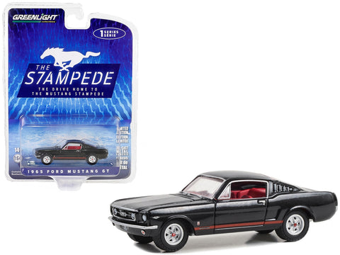 1965 Ford Mustang GT Raven Black with Red Stripes and Red Interior "The Drive Home to the Mustang Stampede" Series 1 1/64 Diecast Model Car by Greenlight