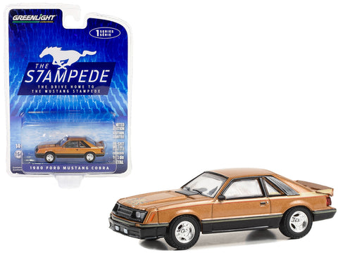 1980 Ford Mustang Cobra Dark Chamois Brown Metallic with Hood Graphic "The Drive Home to the Mustang Stampede" Series 1 1/64 Diecast Model Car by Greenlight