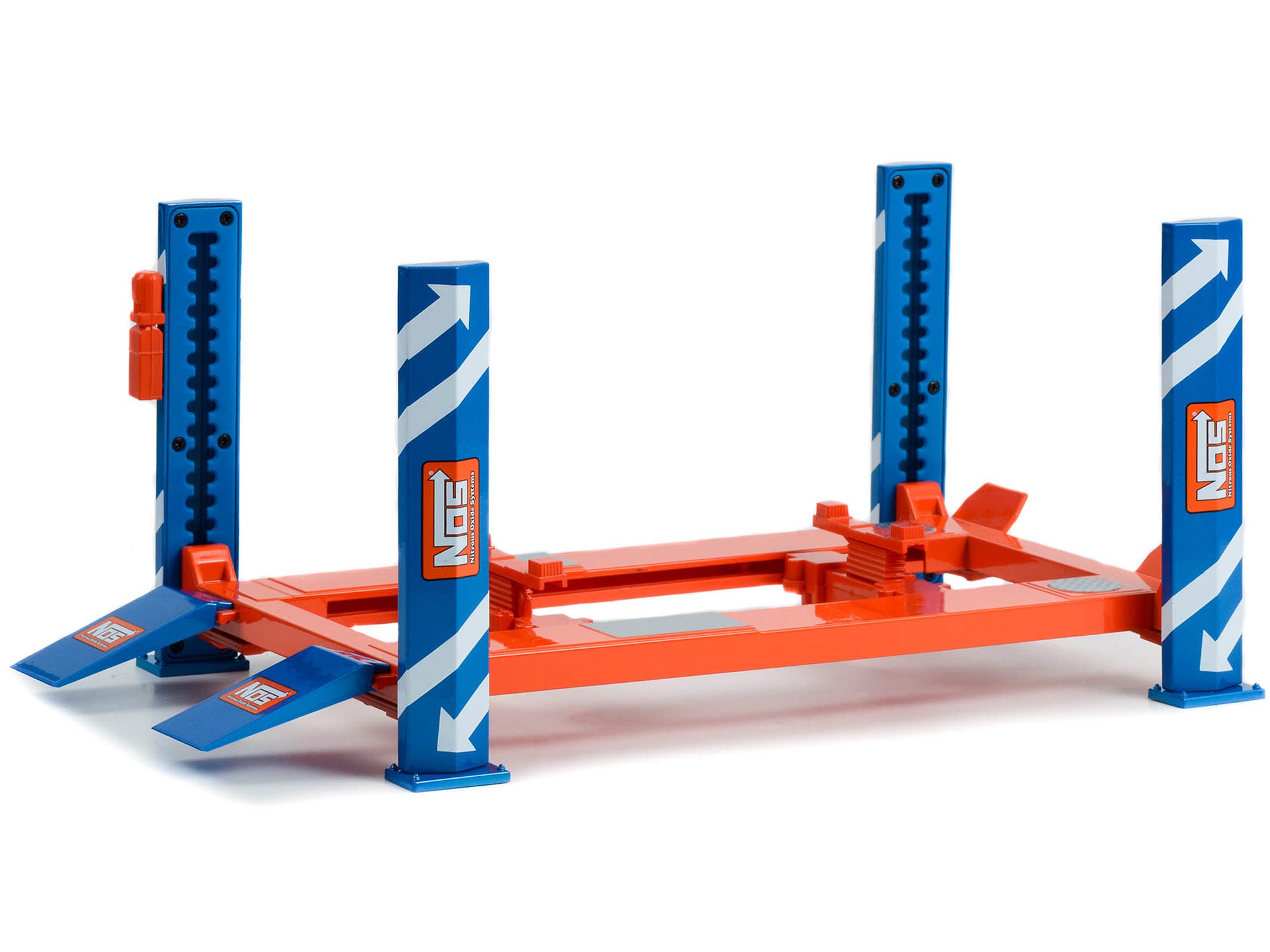 Adjustable Four Post Lift "NOS Nitrous Oxide Systems" Blue and Orange for 1/18 Scale Model Cars by Greenlight