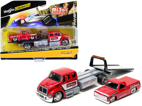 International DuraStar Flatbed Truck and 1987 Chevrolet 1500 Pickup Truck with Bed Cover Red with Graphics "Edelbrock" "Elite Transport" Series 1/64 Diecast Models by Maisto
