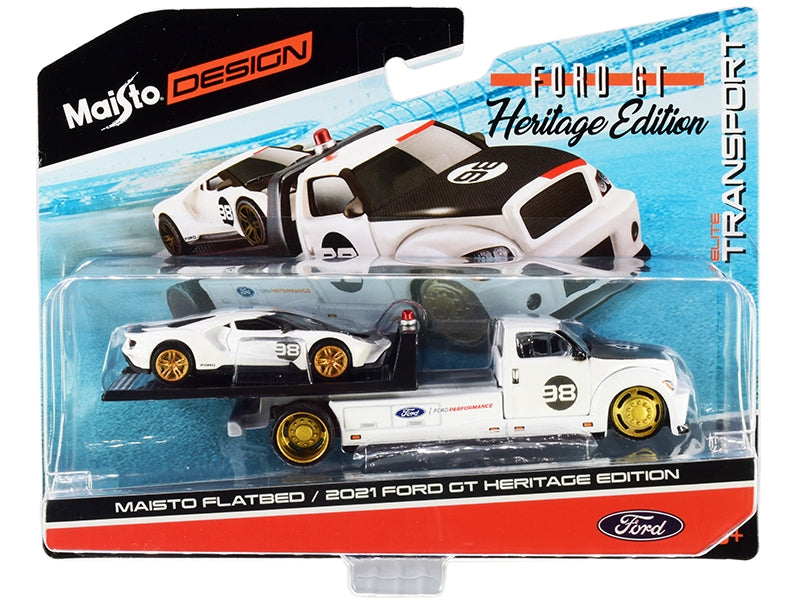 2021 Ford GT #98 Heritage Edition with Flatbed Truck White and Black "Elite Transport" Series 1/64 Diecast Model Cars by Maisto