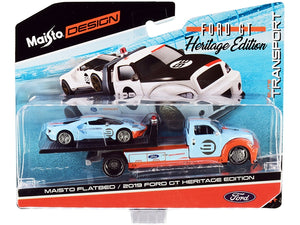 2019 Ford GT #9 Heritage Edition with Flatbed Truck Light Blue and Orange "Elite Transport" Series 1/64 Diecast Model Cars by Maisto