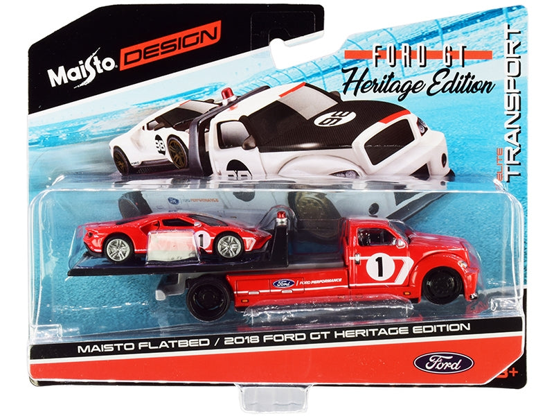 2018 Ford GT #1 Heritage Edition with Flatbed Truck Red with White Stripes "Elite Transport" Series 1/64 Diecast Model Cars by Maisto