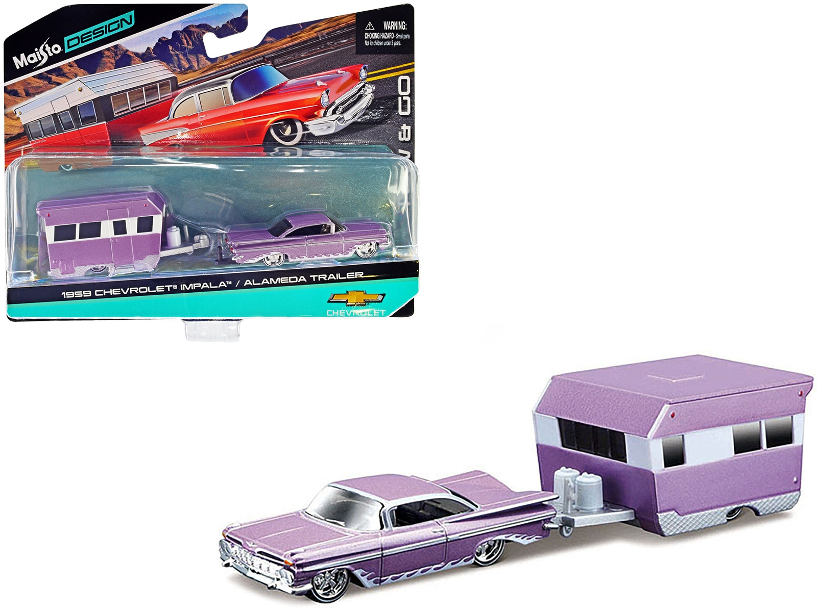 1959 Chevrolet Impala Purple Metallic with White Graphics and Alameda Trailer Purple Metallic and White "Tow & Go" Series 1/64 Diecast Model Car by Maisto