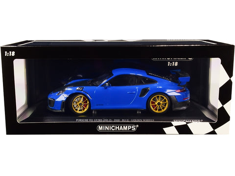2018 Porsche 911 GT2RS (991.2) Blue with Carbon Hood and Golden Wheels Limited Edition to 300 pieces Worldwide 1/18 Diecast Model Car by Minichamps