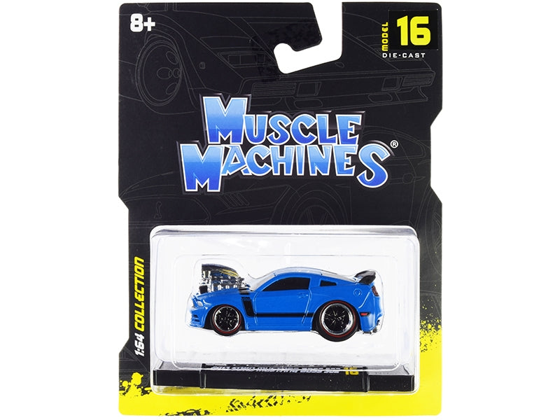 2013 Ford Mustang Boss 302 Light Blue with Black Stripes 1/64 Diecast Model Car by Muscle Machines
