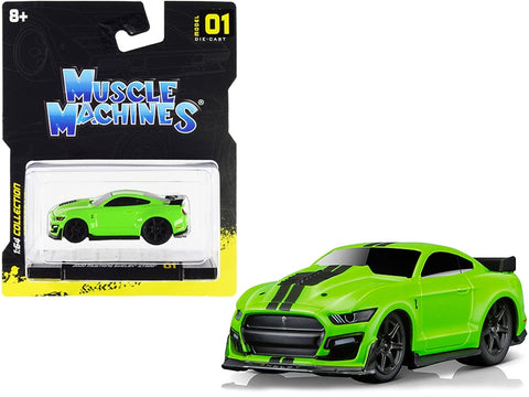 2020 Ford Mustang Shelby GT500 Bright Green with Black Stripes 1/64 Diecast Model Car by Muscle Machines
