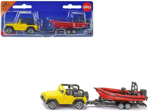 Jeep Yellow with Trailer and Boat Diecast Model by Siku
