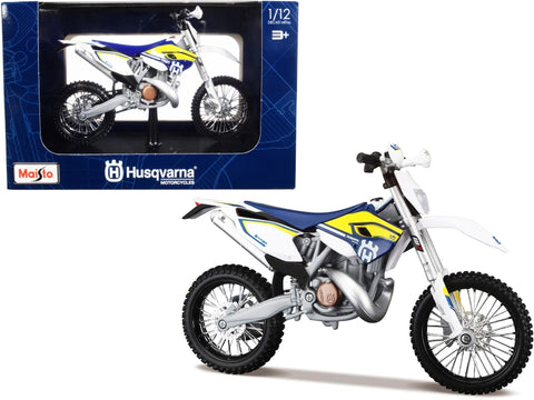 Husqvarna FE 501 White and Blue with Yellow Stripes 1/12 Diecast Motorcycle Model by Maisto