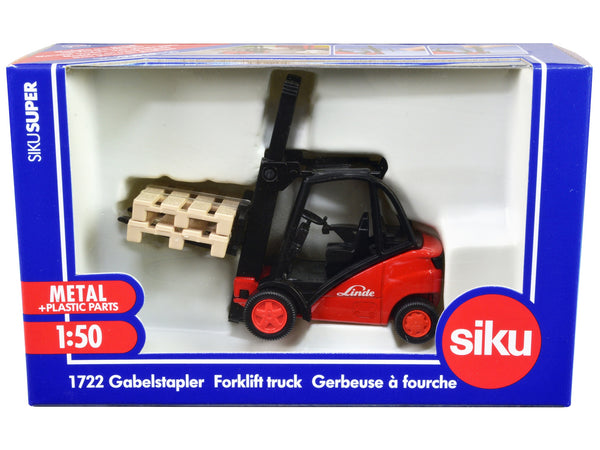 Linde Forklift Truck Red with 2 Pallet Accessories 1/50 Diecast Model by Siku