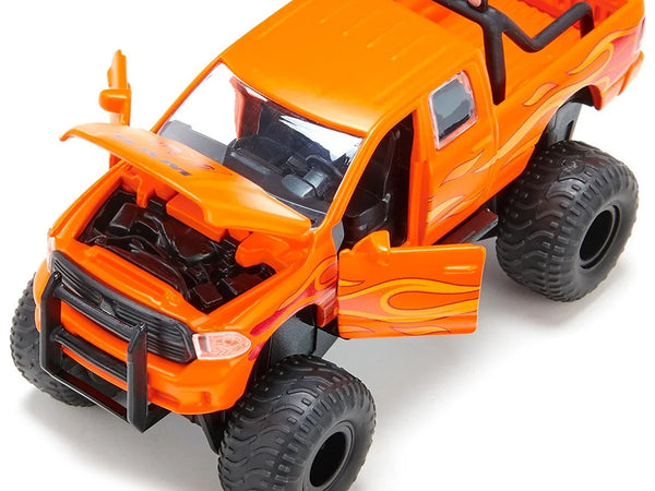 Ram 1500 Pickup Truck Lifted with Balloon Tires Orange with Flames 1/50 Diecast Model by Siku