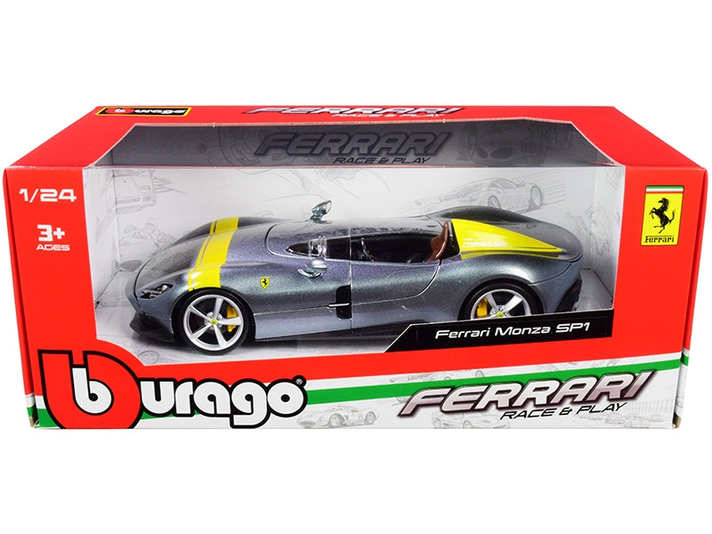 Ferrari Monza SP1 Silver Metallic with Yellow Stripes 1/24 Diecast Model Car by Bburago