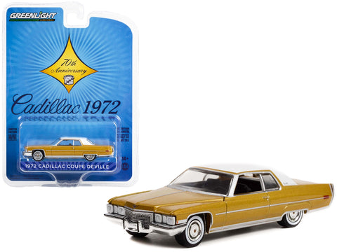 1972 Cadillac Coupe DeVille Gold Metallic with White Top "Cadillac 70th Anniversary" "Anniversary Collection" Series 14 1/64 Diecast Model Car by Greenlight