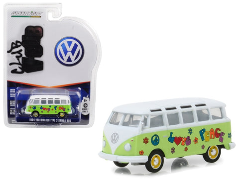 1964 Volkswagen Type 2 Samba Bus Hippie "Peace and Love" Light Green with Top Series 7 Club Vee Dub 1/64 Diecast Model Car by Greenlight