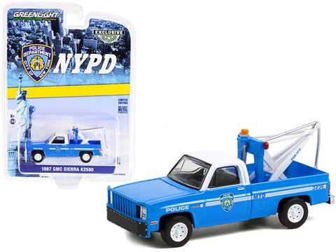 1987 GMC Sierra K2500 Tow Truck with Drop in Tow Hook Blue with White Top "New York City Police Dept" (NYPD) "Hobby Exclusive" 1/64 Diecast Model Car by Greenlight