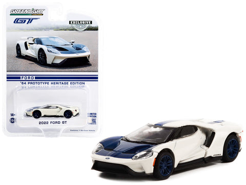 2022 Ford GT "1964 Prototype Heritage Edition" White Metallic with Blue Hood and Stripe "Hobby Exclusive" Series 1/64 Diecast Model Car by Greenlight