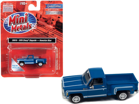 1976 Chevrolet Stepside Pickup Truck Hawaiian Blue with White Stripes 1/87 (HO) Scale Model Car by Classic Metal Works