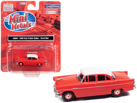1955 Ford 4-Door Sedan Torch Red with White Top 1/87 (HO) Scale Model Car by Classic Metal Works