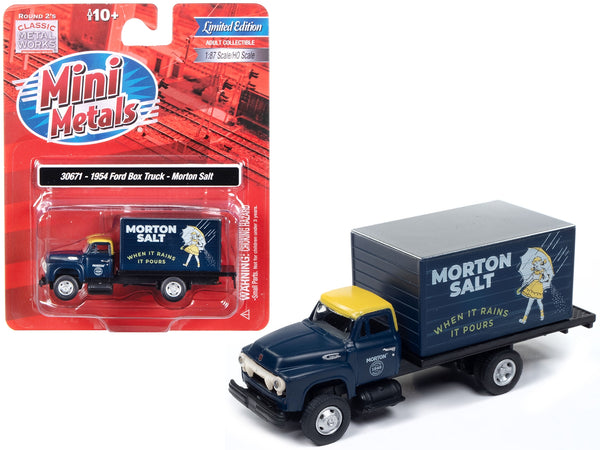 1954 Ford Box Truck Dark Blue with Yellow Top "Morton Salt" "Mini Metals" Series 1/87 (HO) Scale Model Car by Classic Metal Works